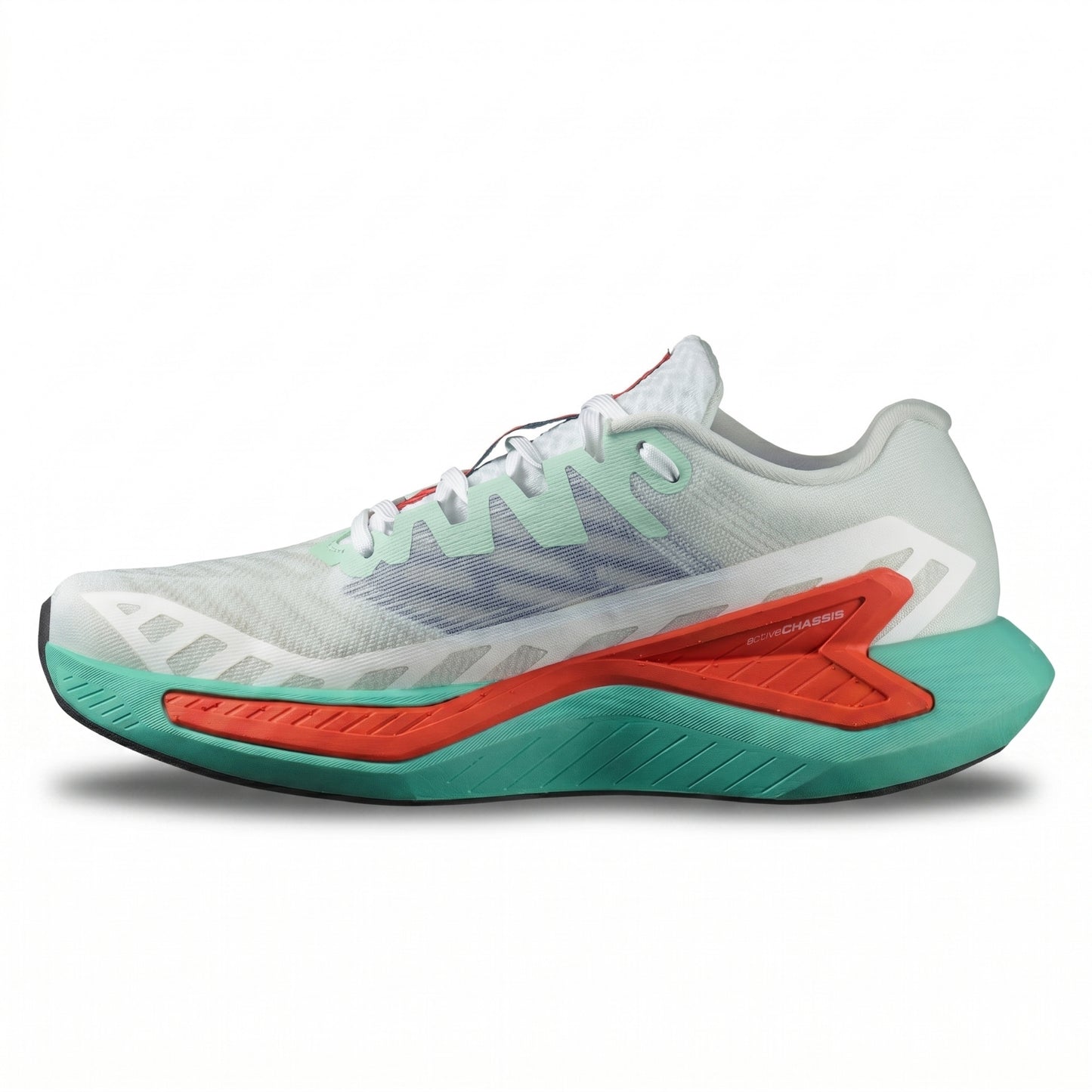 Salomon running shoe with white, green, and orange design on a white background