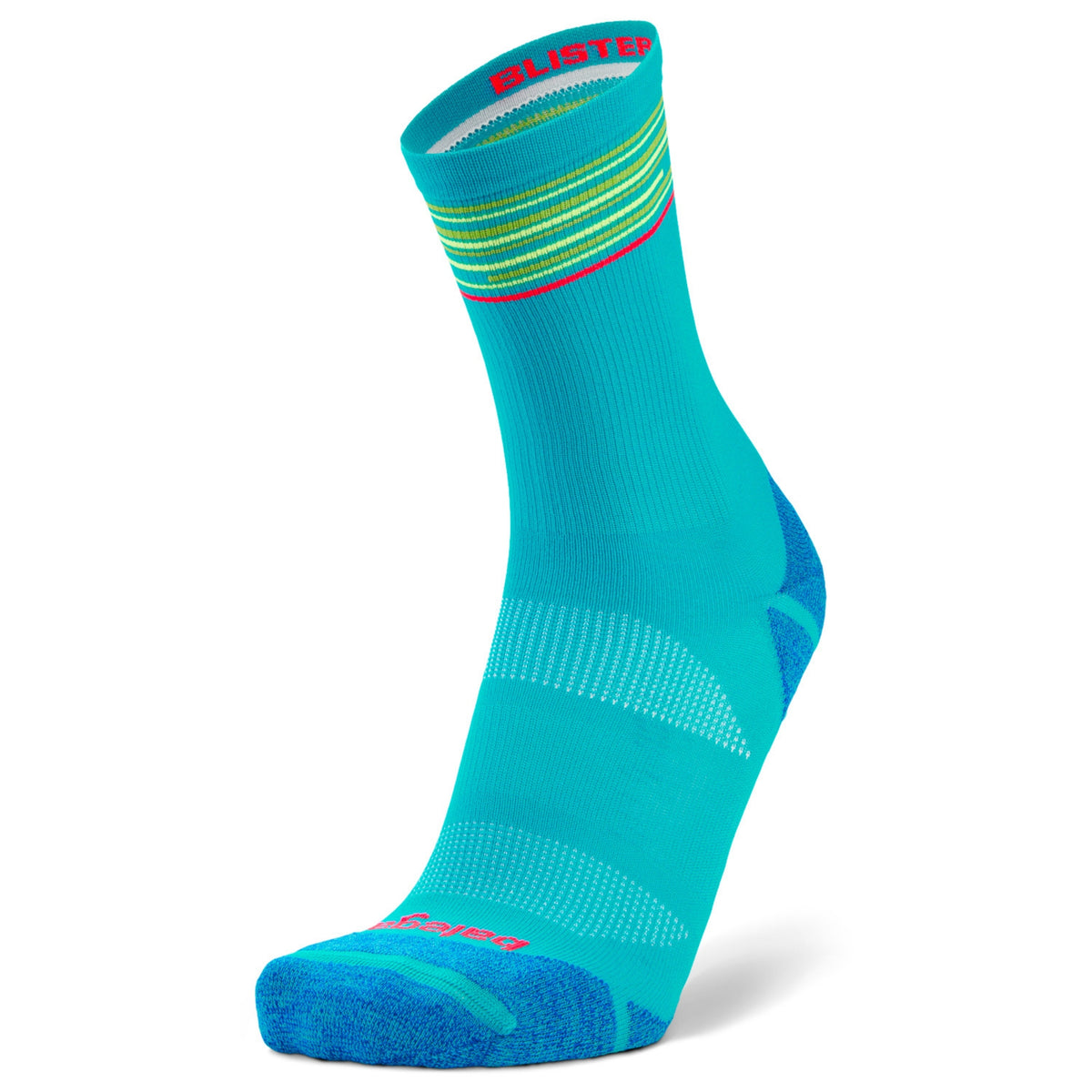 A single athletic crew sock in bright turquoise with blue heel and toe areas, lime green and yellow stripes near the cuff, and pink brand text reading 'BLUSTE' on the cuff and foot.