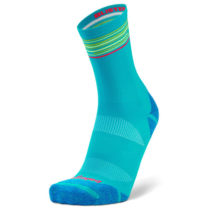 A single athletic crew sock in bright turquoise with blue heel and toe areas, lime green and yellow stripes near the cuff, and pink brand text reading 'BLUSTE' on the cuff and foot.