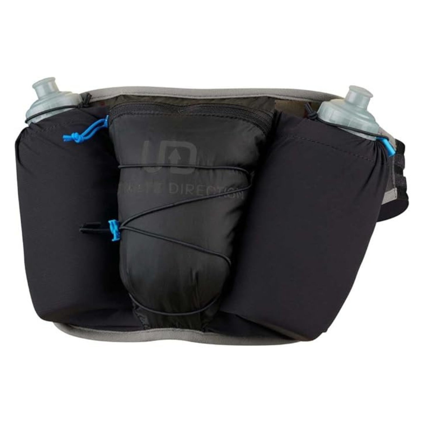 ULTIMATE DIRECTION ULTRA BELT ONYX blaack with water bottles on a white background