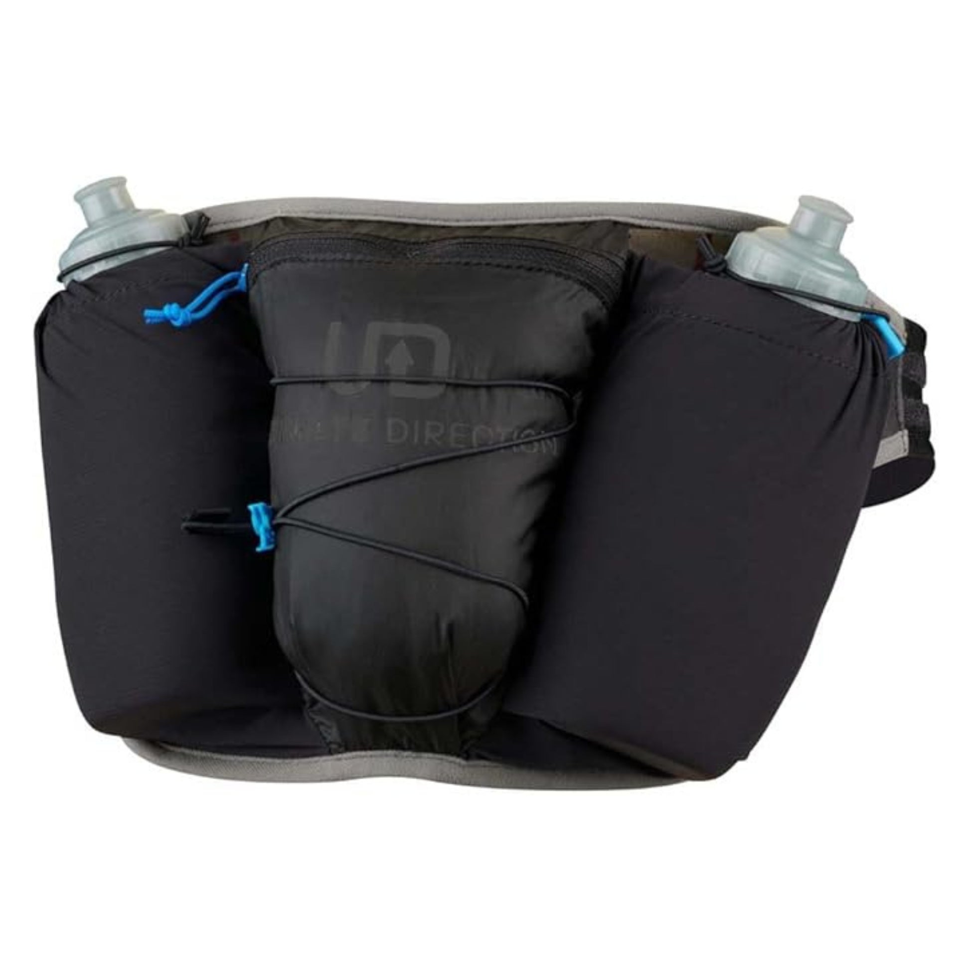 ULTIMATE DIRECTION ULTRA BELT ONYX blaack with water bottles on a white background