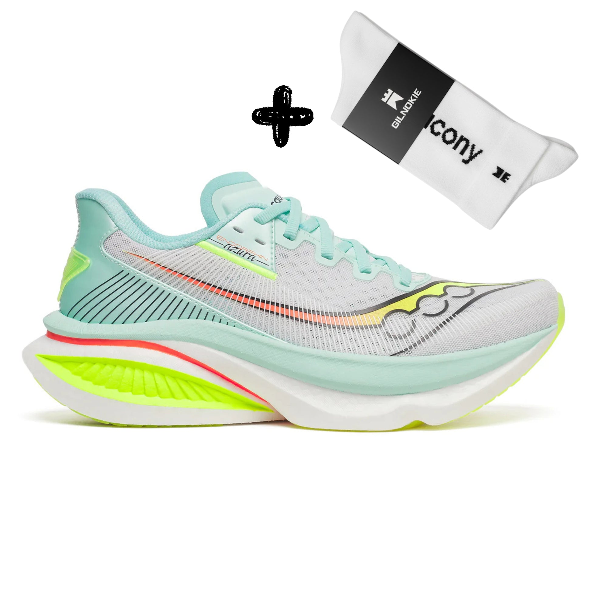 Turquoise Saucony running shoe with colorful sole and a free white sock on a white background
