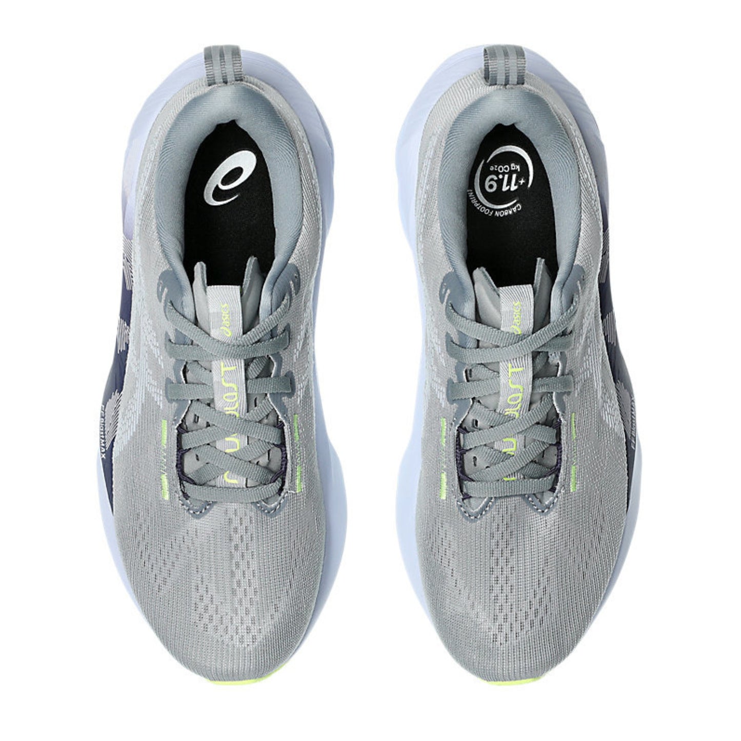Pair of gray running shoes with visible brand logo on a white background