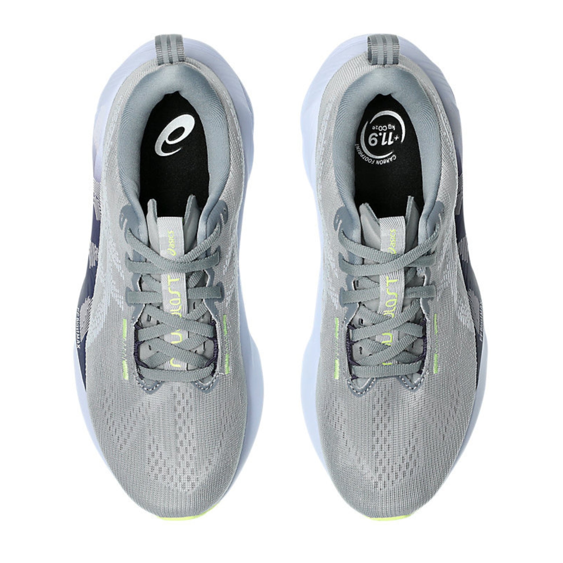 Pair of gray running shoes with visible brand logo on a white background