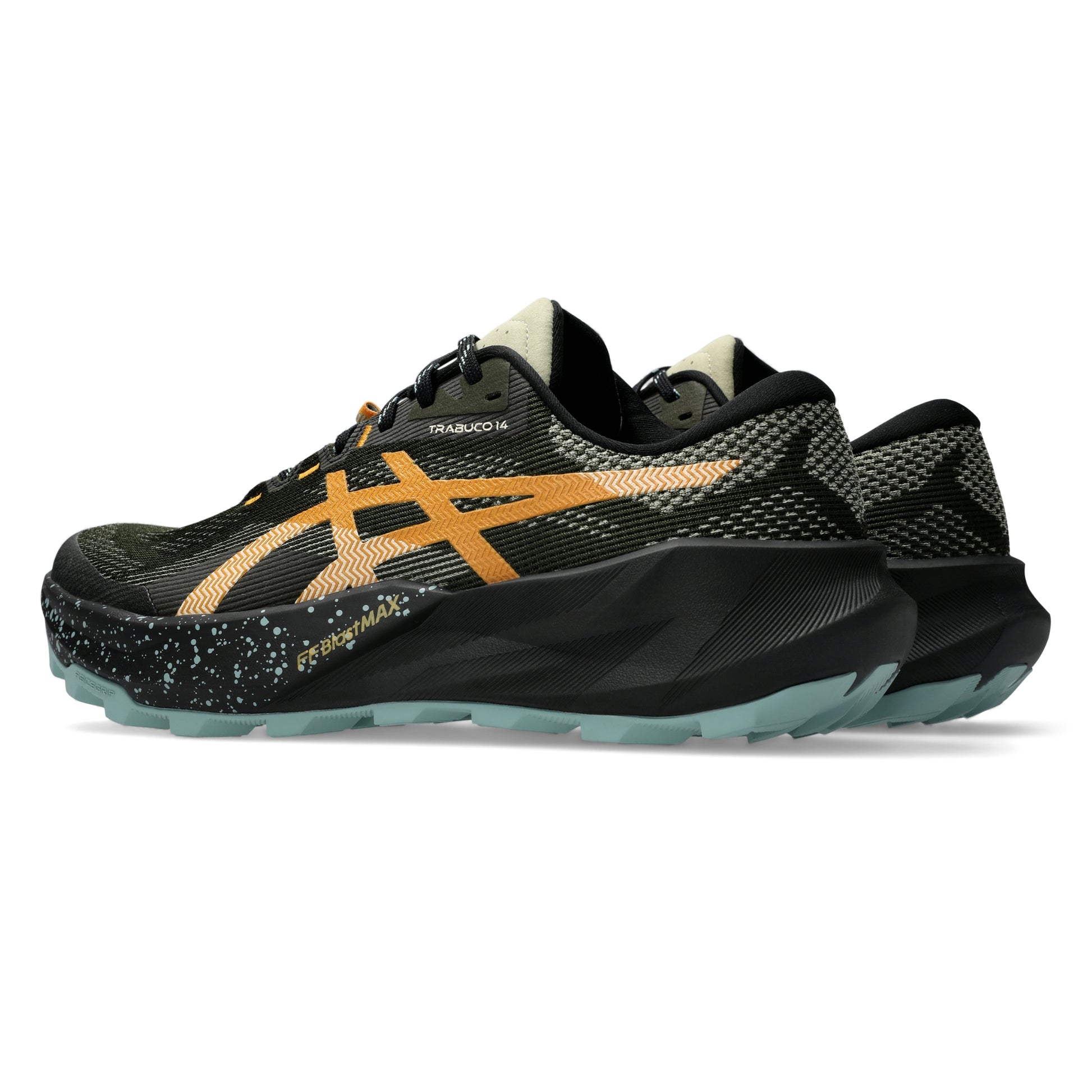 A pair of Asics trail running shoes in black and olive green with orange logo accents and light blue soles, shown on a white background.