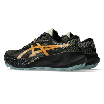 A pair of Asics trail running shoes in black and olive green with orange logo accents and light blue soles, shown on a white background.