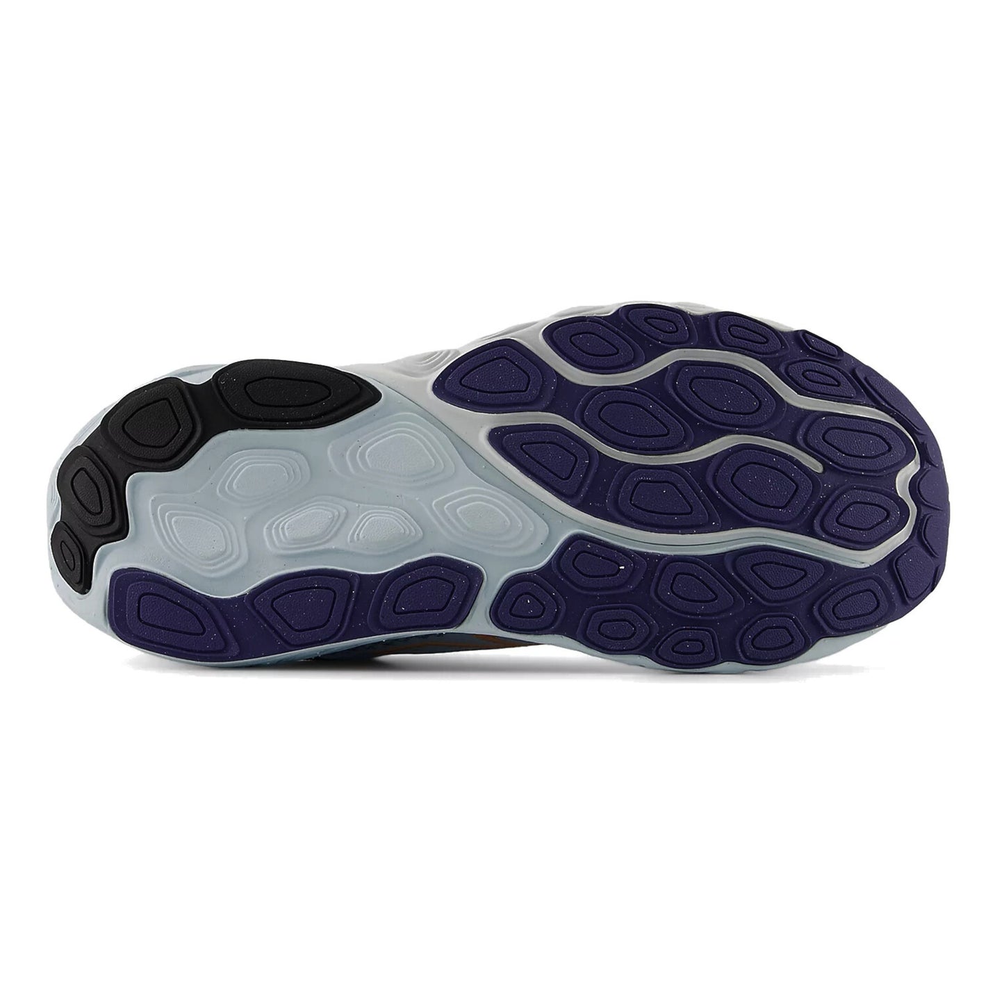 Close-up of a shoe sole with purple and black pattern on a white background
