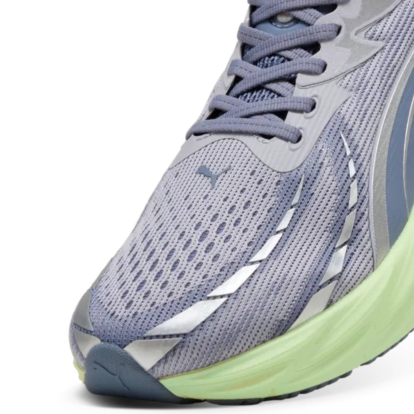 Gray running shoe with green sole on a white background