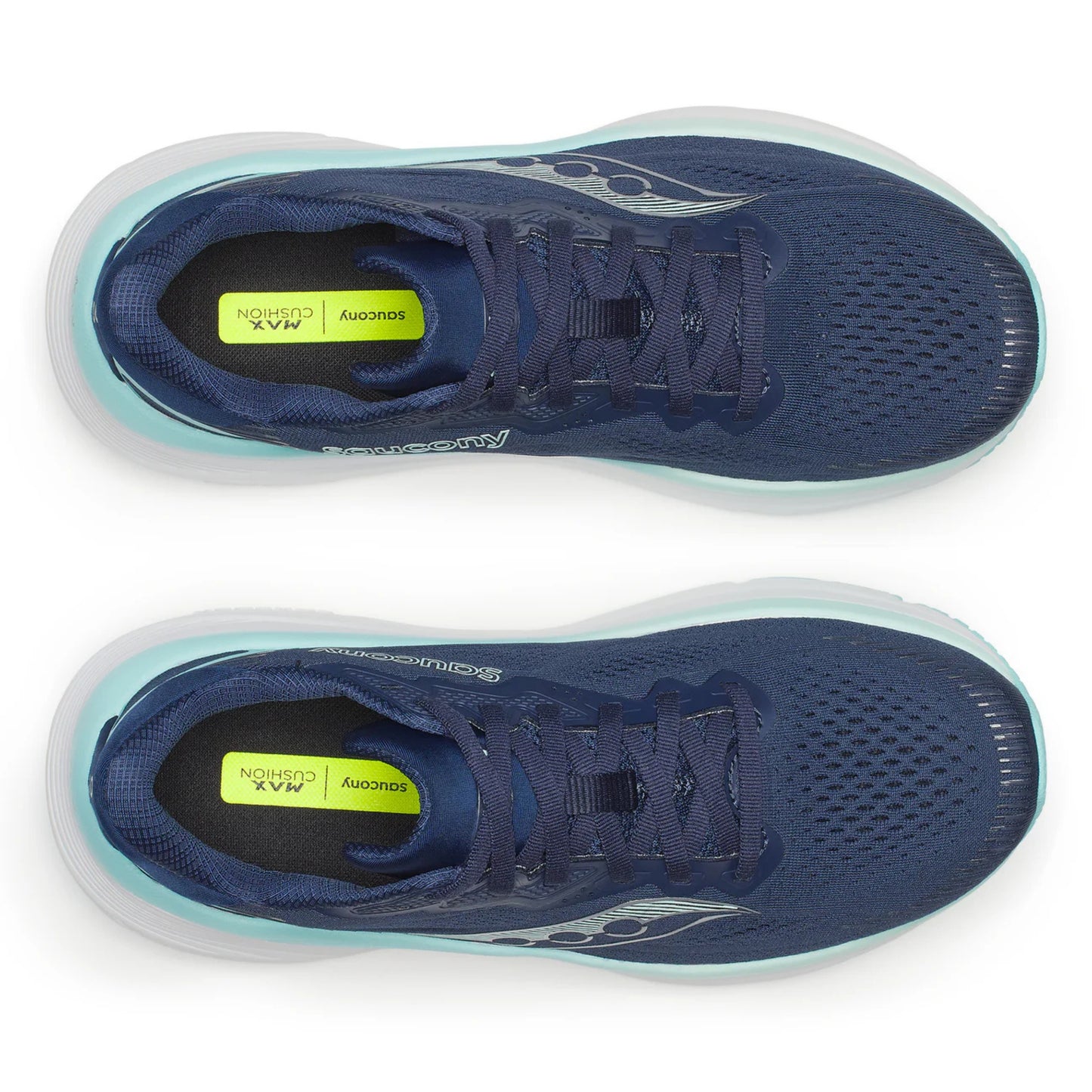 Navy Saucony running shoes with a white sole on a white background