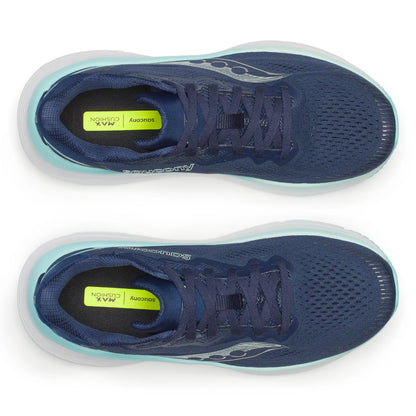 Navy Saucony running shoes with a white sole on a white background