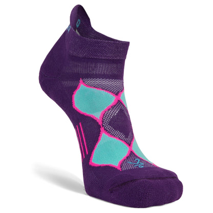 Purple Balega athletic sock with geometric pattern on a white background