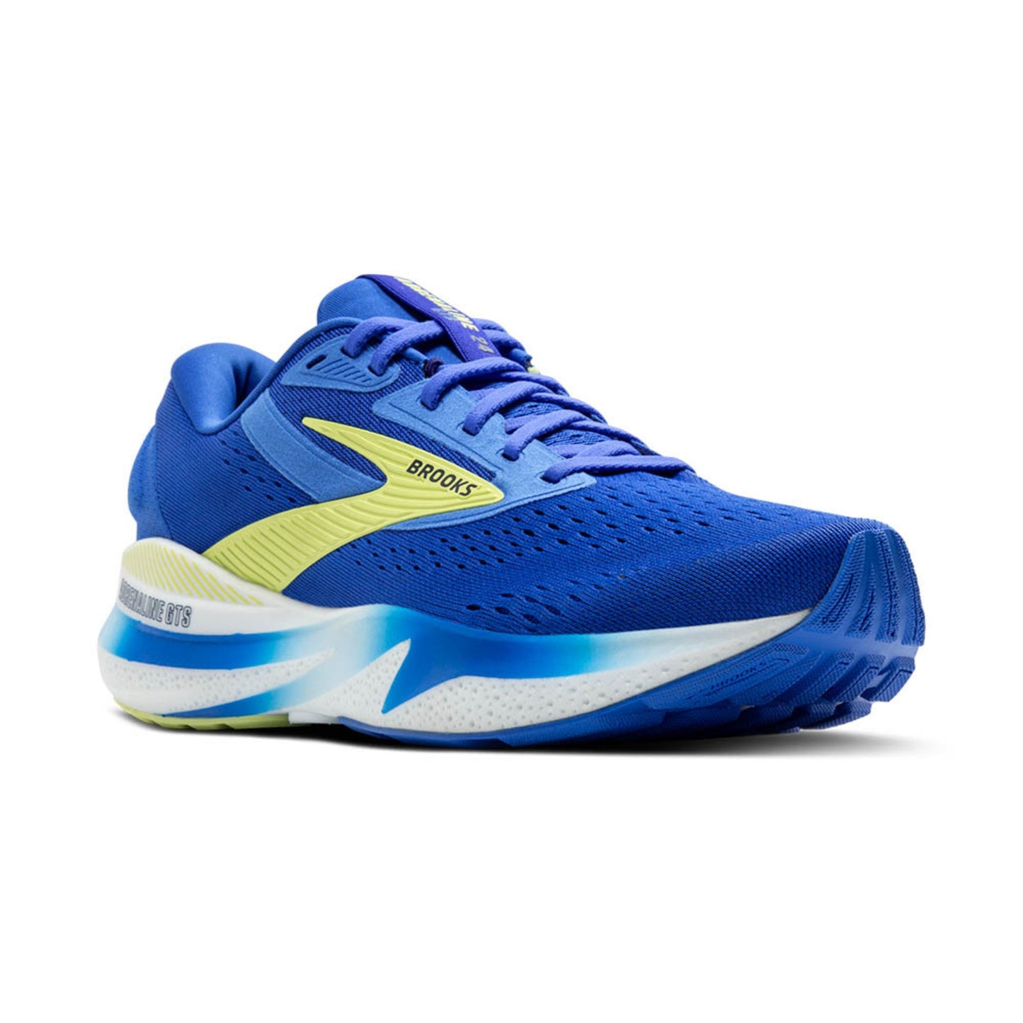 Blue Brooks running shoe with yellow accents on a white background