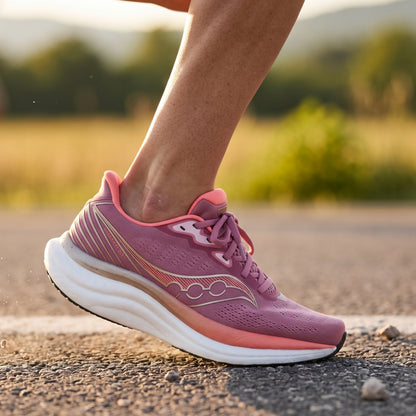 Pink Saucony running shoe on a road with a blurred natural background