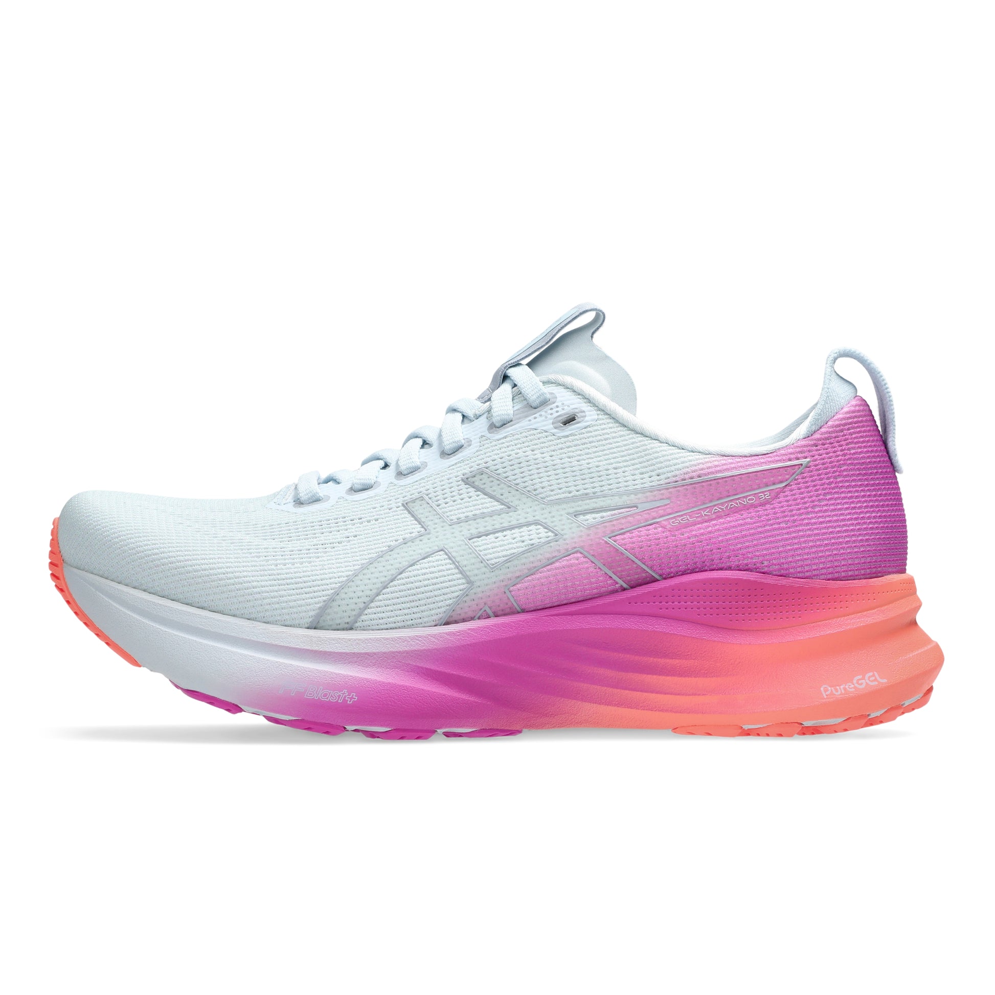 White and pink Asics running shoe with gradient sole on a white background