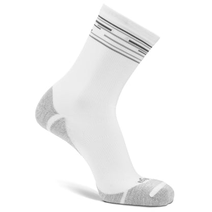 A single white crew sock with gray heel, toe, and heel reinforcement, featuring thin gray horizontal stripes around the ribbed cuff, shown on a white background.
