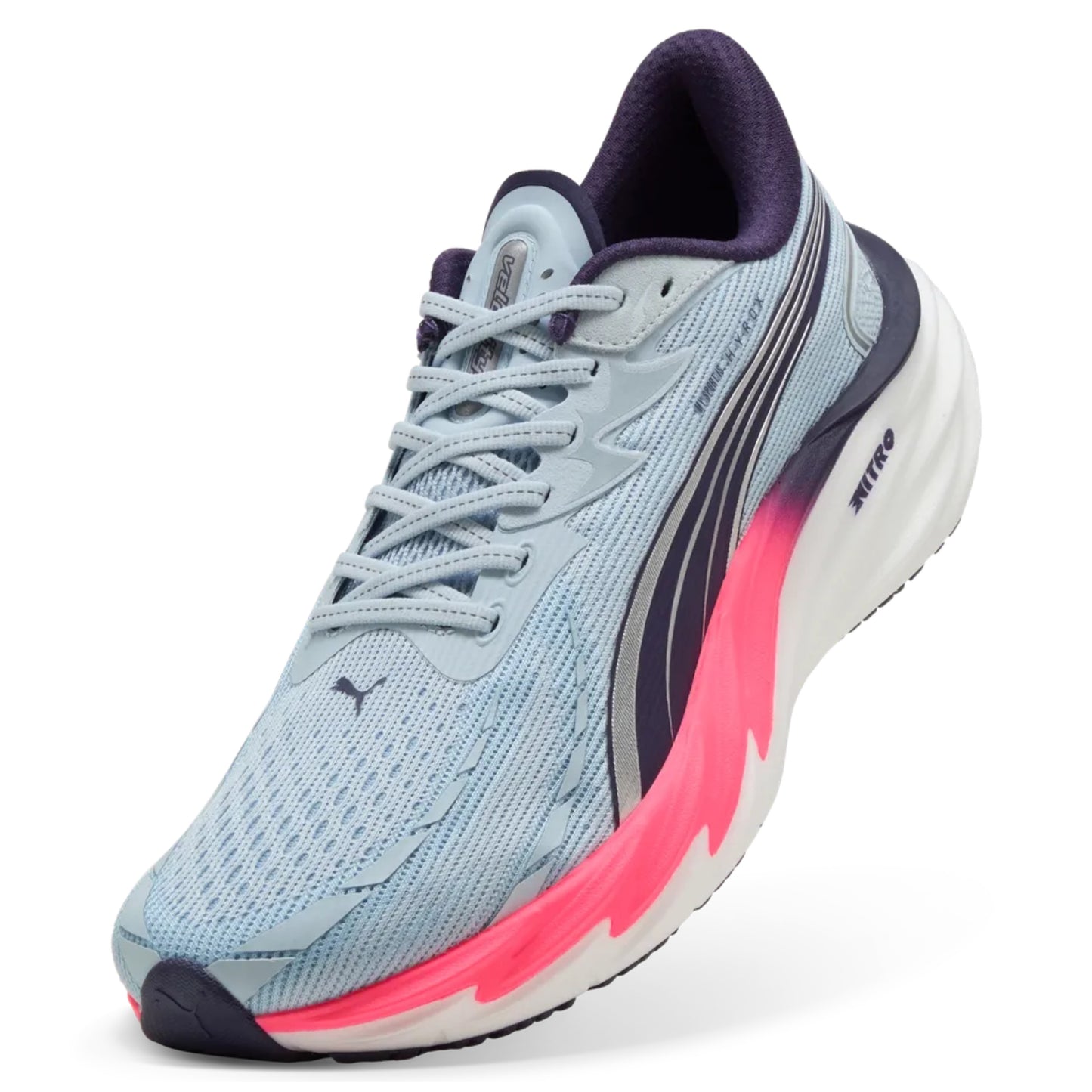 Light blue Puma running shoe with pink sole on a white background