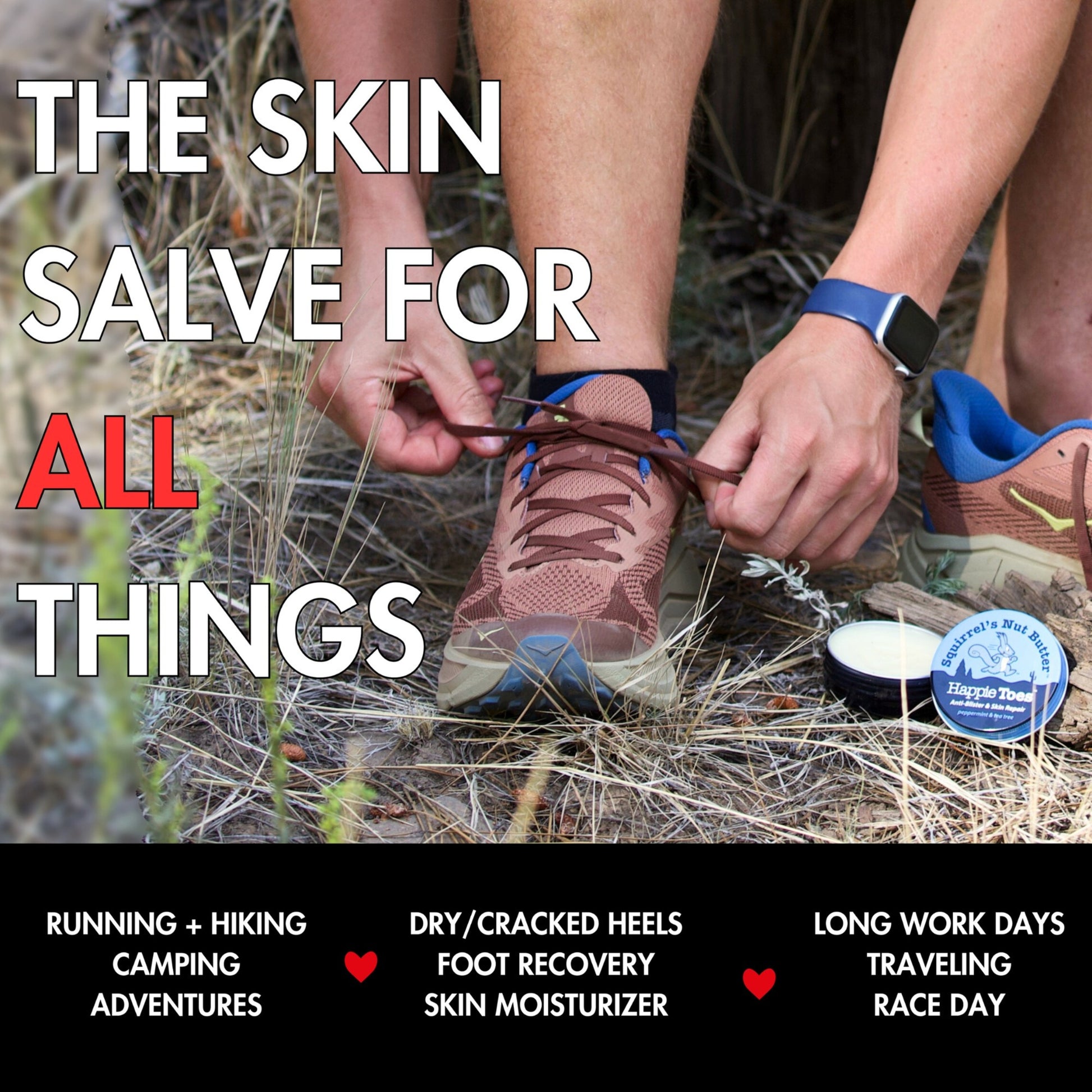 Person tying a shoe with outdoor setting, promoting a skin salve for various activities.