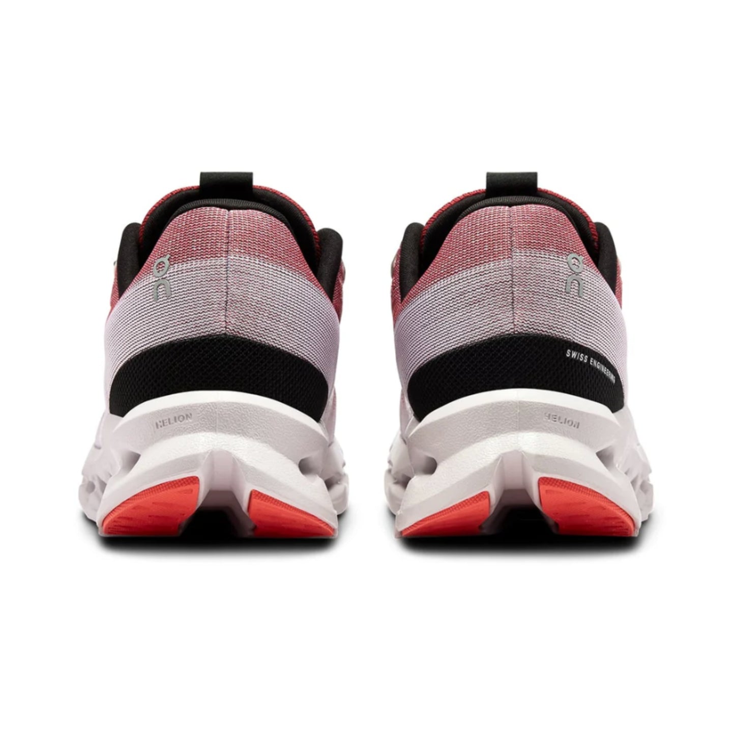 Back view of a pair of running shoes with red accents on a white background
