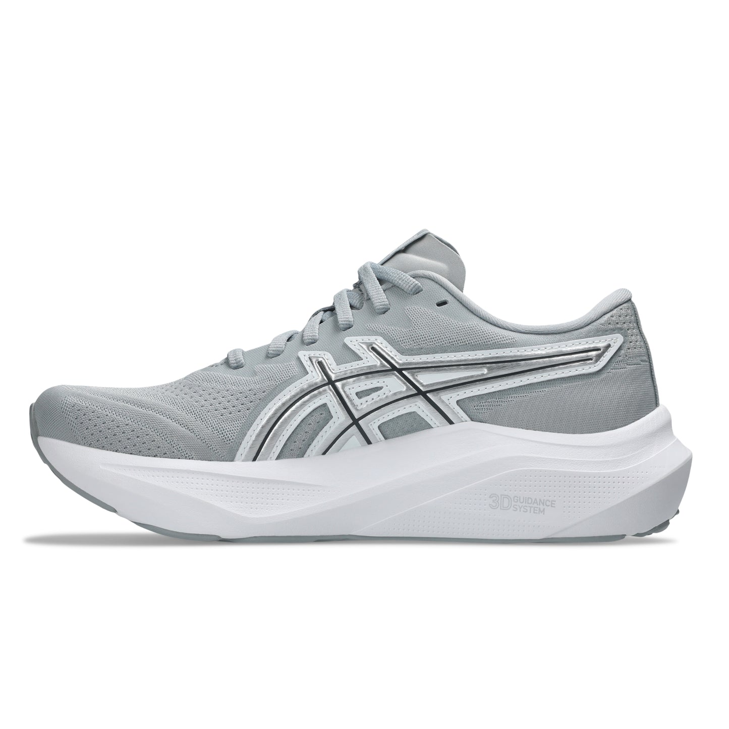 Gray running shoe with white sole on a white background