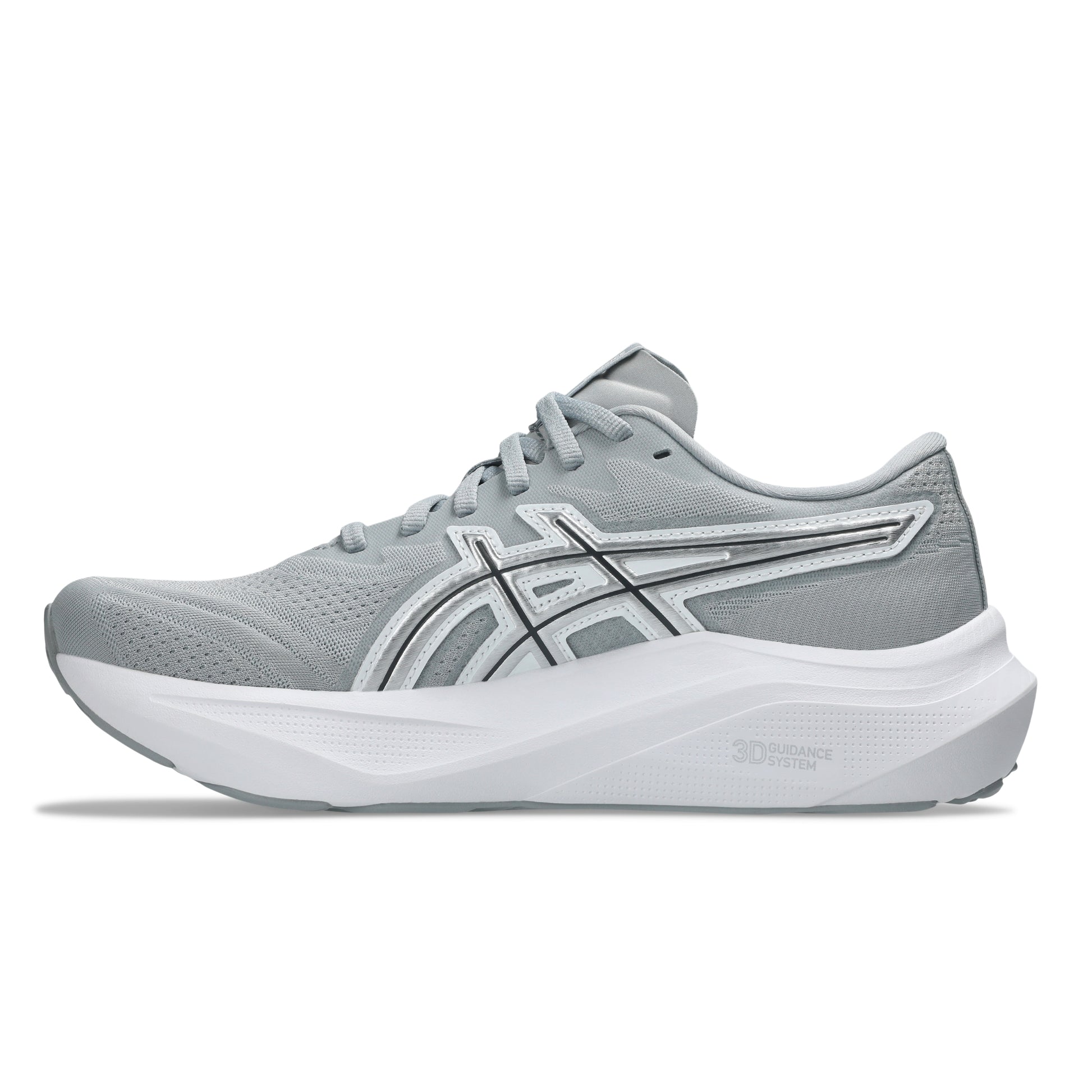 Gray running shoe with white sole on a white background