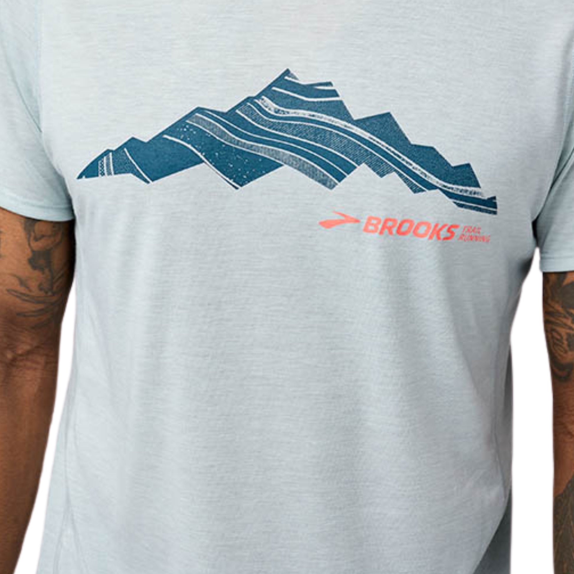 Gray t-shirt with blue mountain graphic and Brooks logo