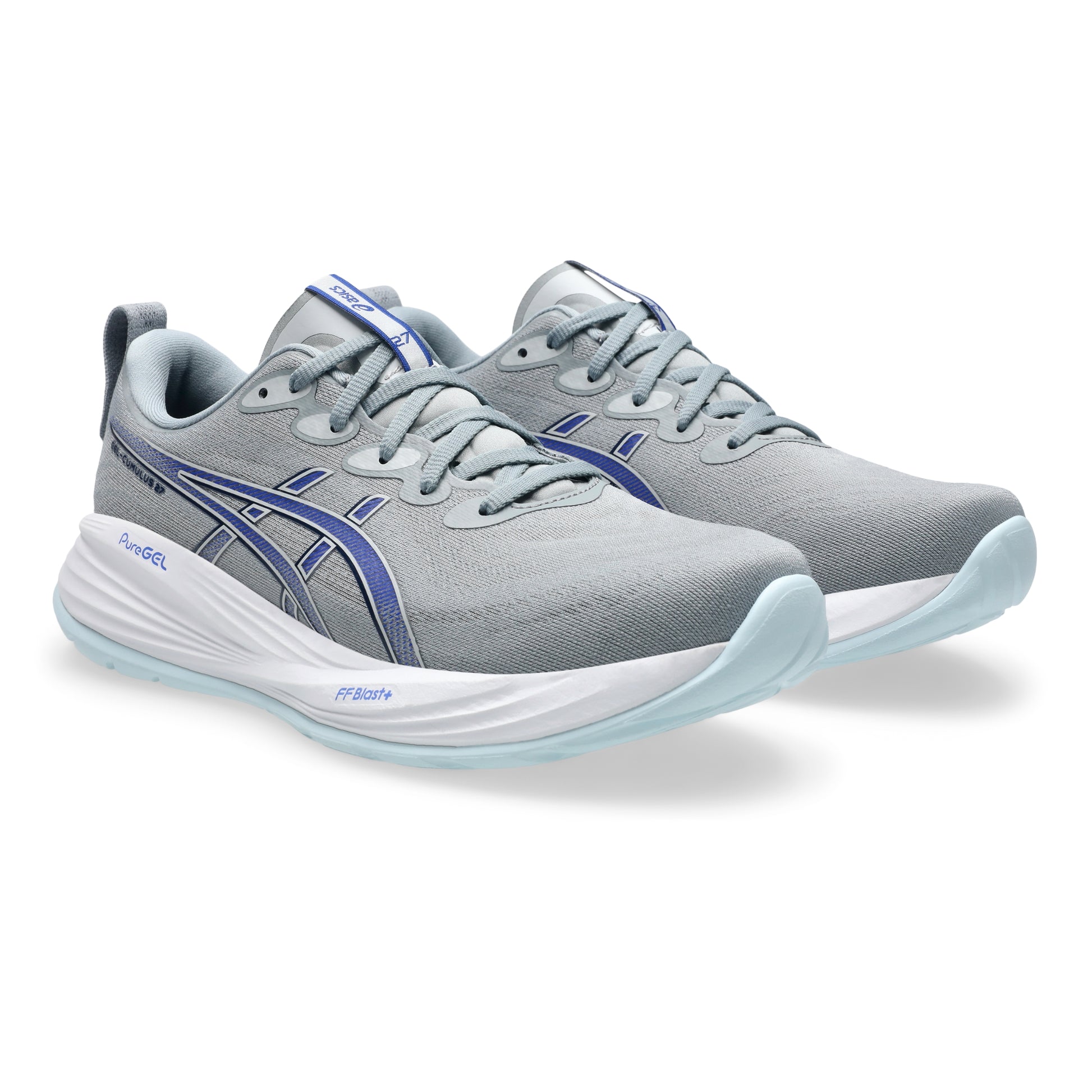 Gray Asics running shoes with blue accents on a white background