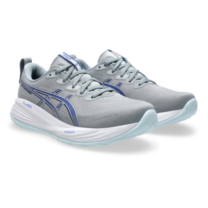 Gray Asics running shoes with blue accents on a white background