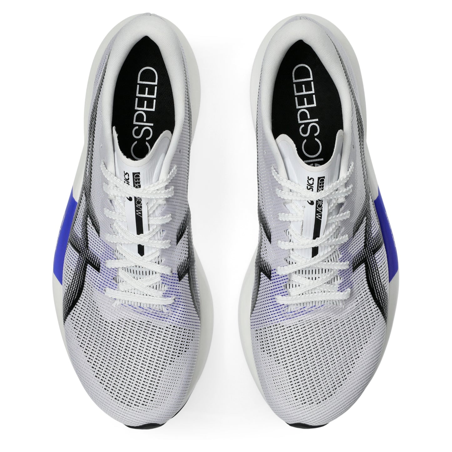 White running shoes with blue accents and 'Speed' branding on a white background