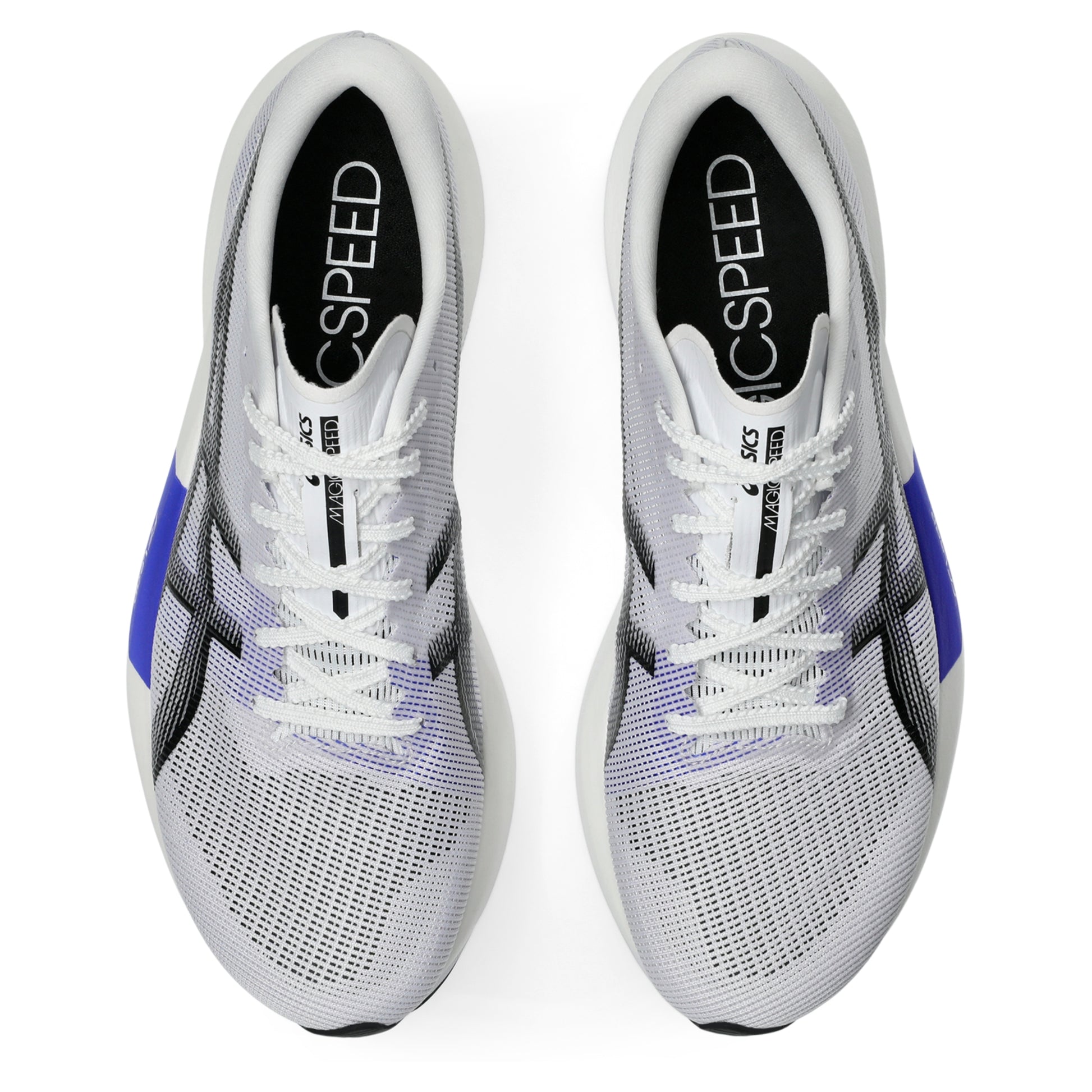 White running shoes with blue accents and 'Speed' branding on a white background