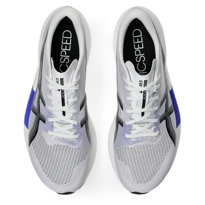 White running shoes with blue accents and 'Speed' branding on a white background