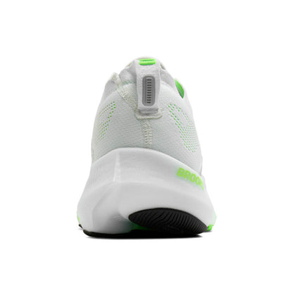Back view of  a Brooks white running shoe with green accents on a white background