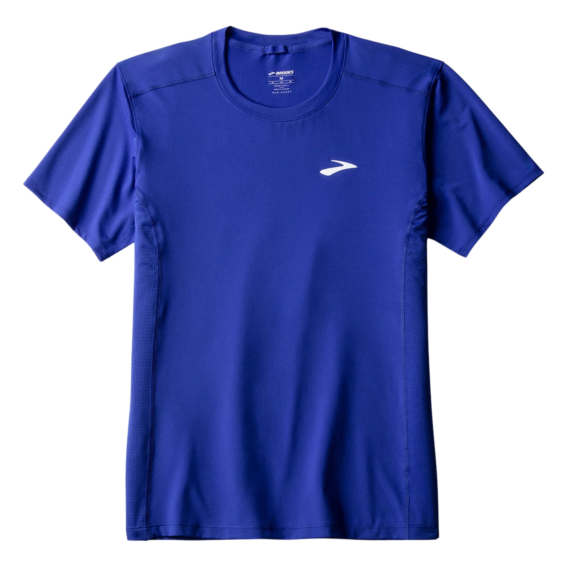 Blue running t-shirt with a Brooks logo on a white background