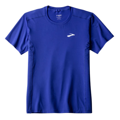 Blue running t-shirt with a Brooks logo on a white background