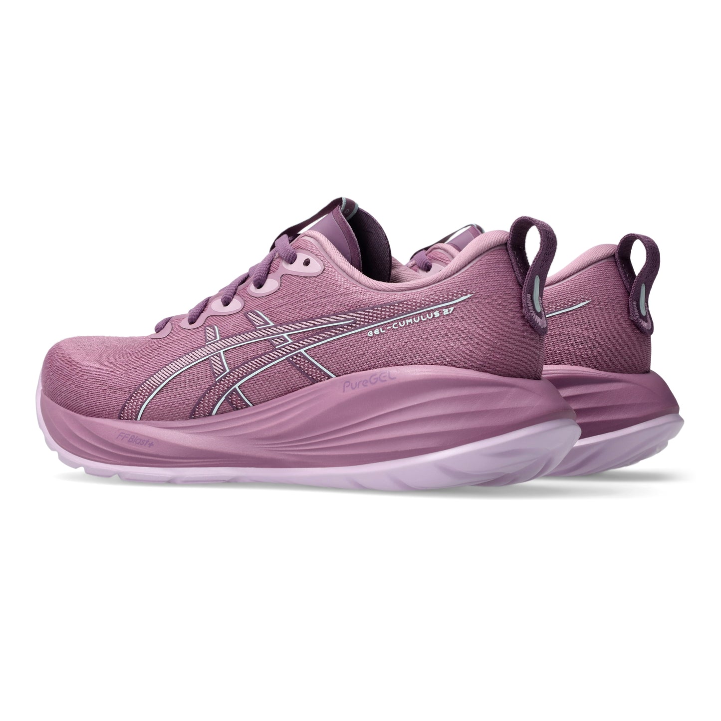 Pair of pink Asics running shoes on a white background