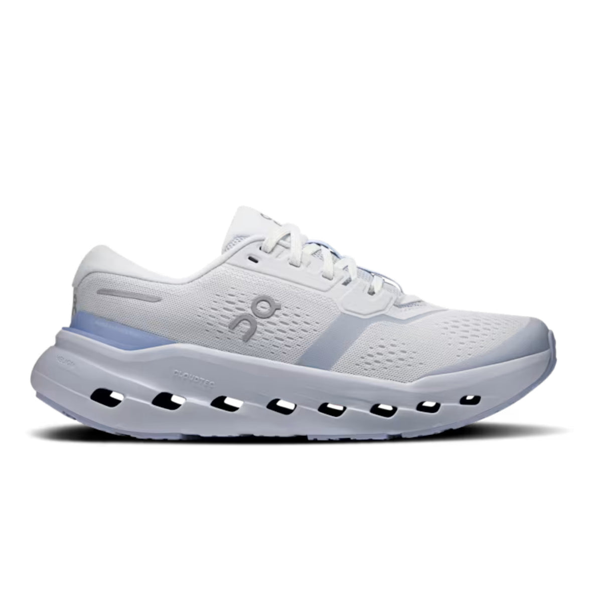 A white On running shoe with light gray and pale blue accents, shown in a side profile on a white background.