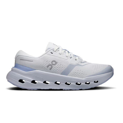 A white On running shoe with light gray and pale blue accents, shown in a side profile on a white background.