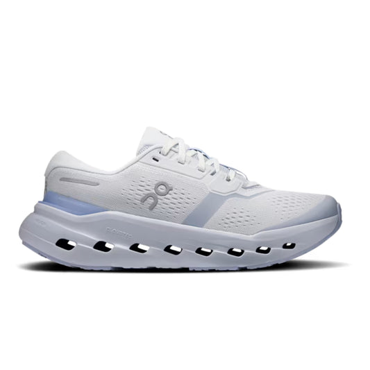 A white On running shoe with light gray and pale blue accents, shown in a side profile on a white background.
