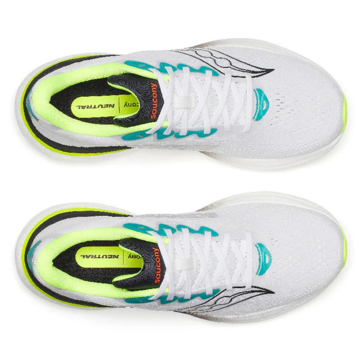 White and black running shoes with yellow accents on a white background