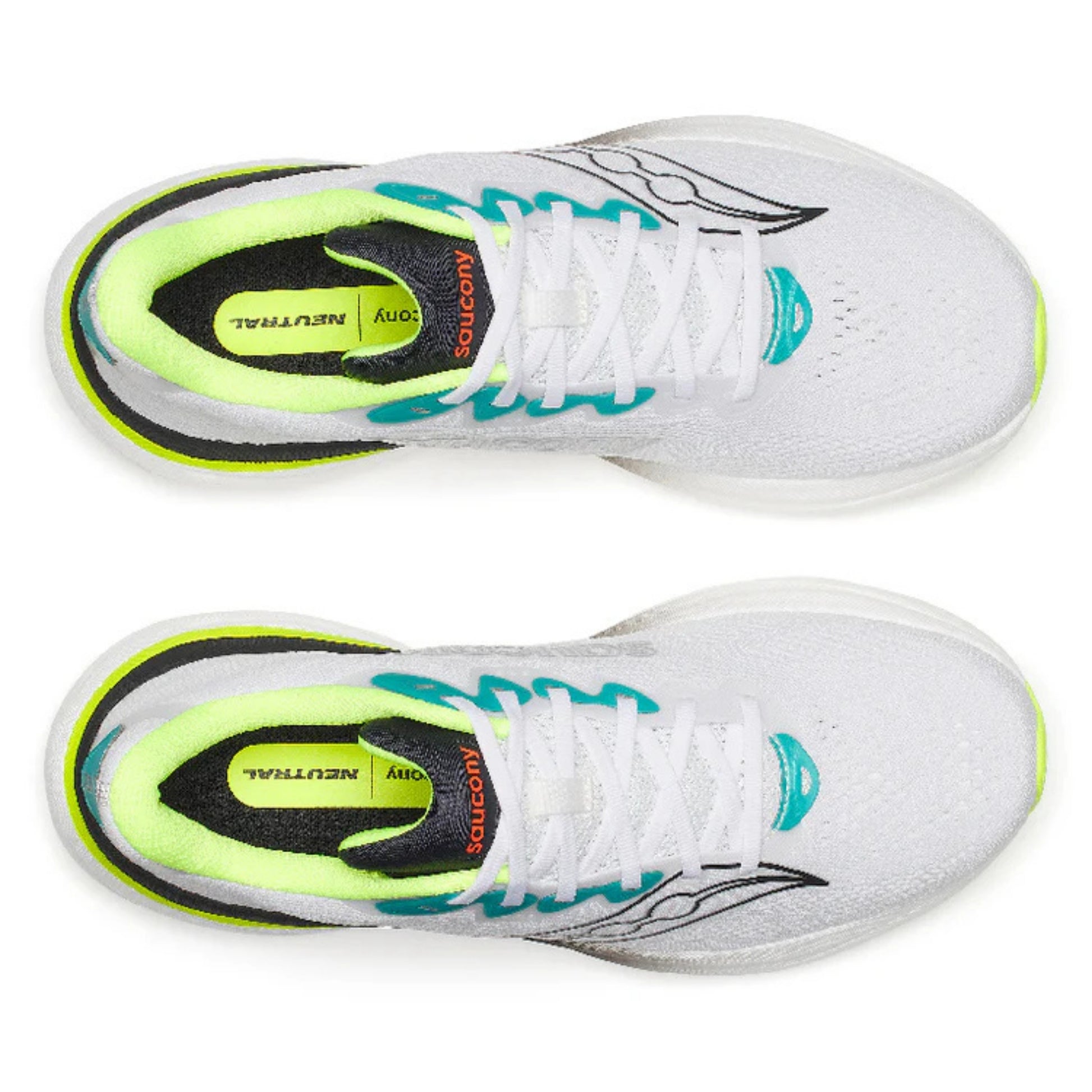 White and black running shoes with yellow accents on a white background