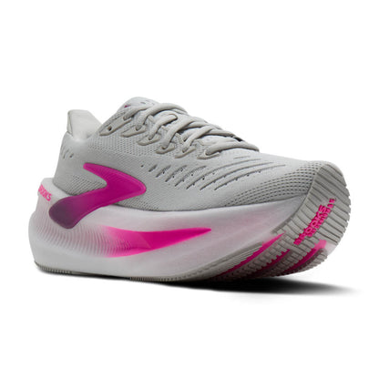 Gray Brooks running shoe with pink accents on a white background