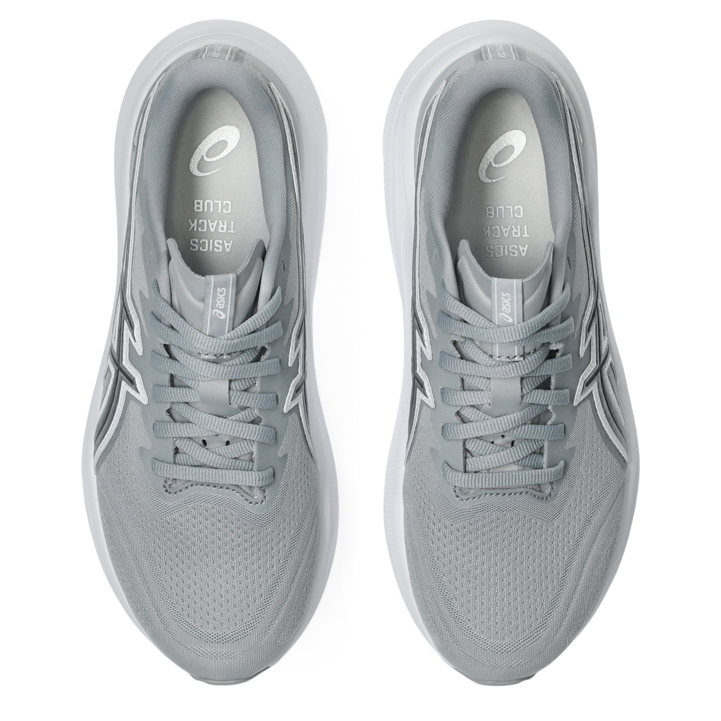 Gray running shoes with brand logo on a white background