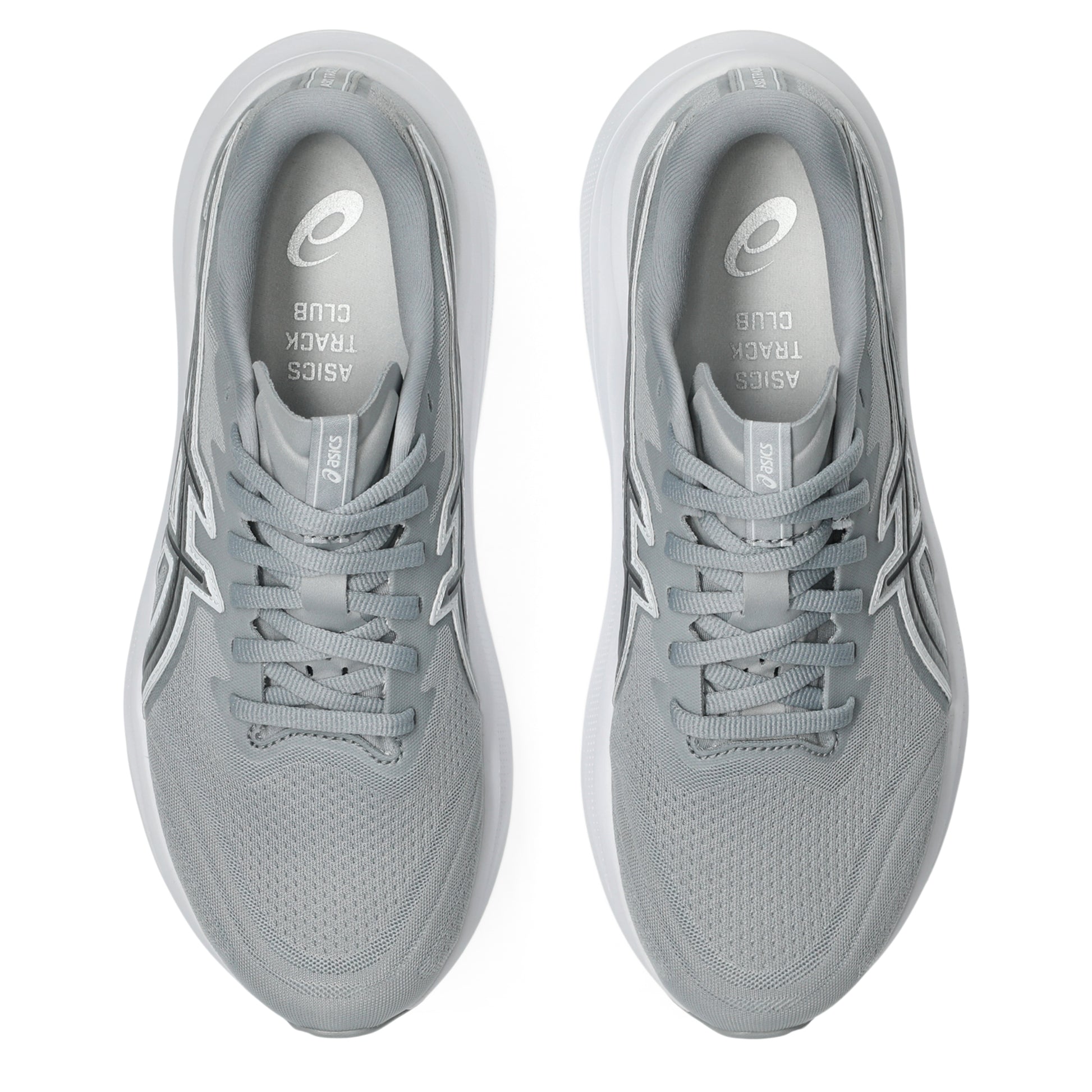 Gray running shoes with brand logo on a white background
