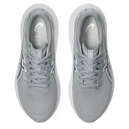 Gray running shoes with brand logo on a white background