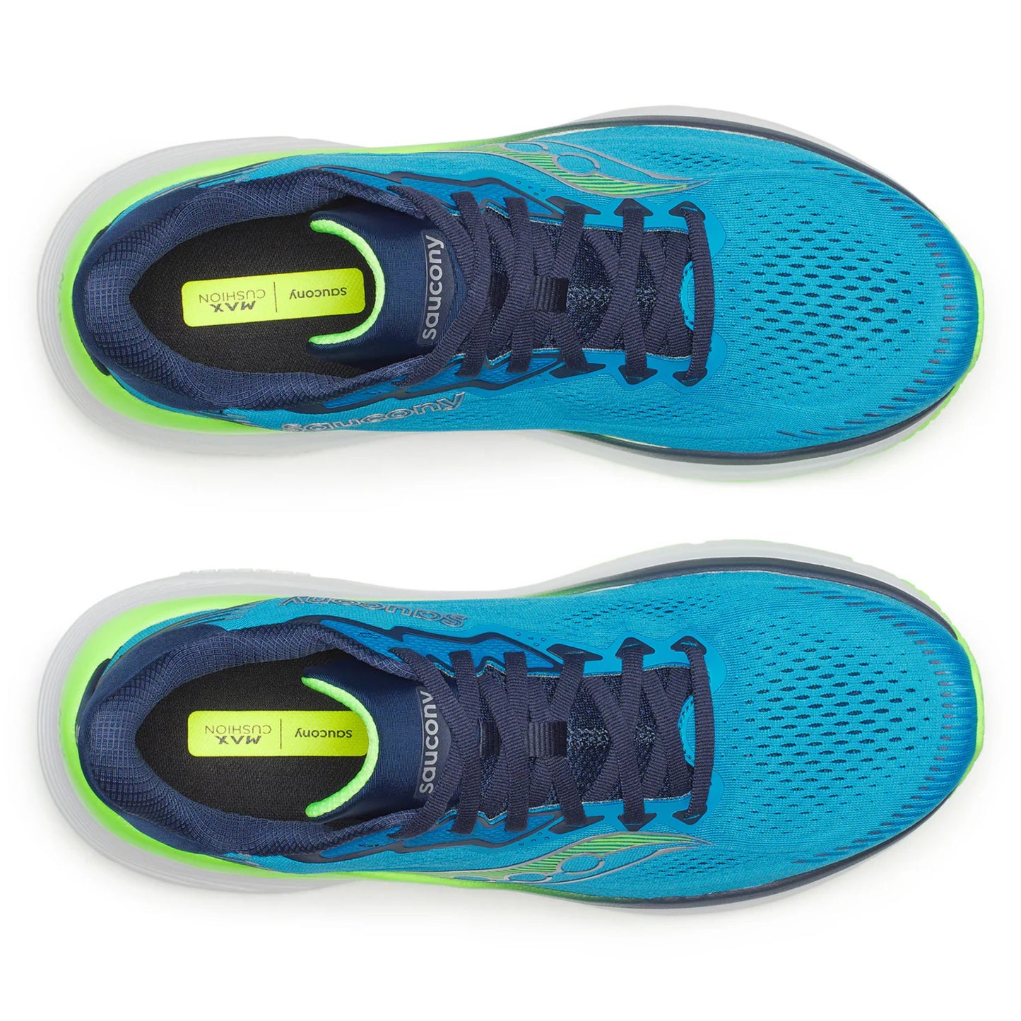 Pair of blue and green Saucony running shoes with green accents on a white background