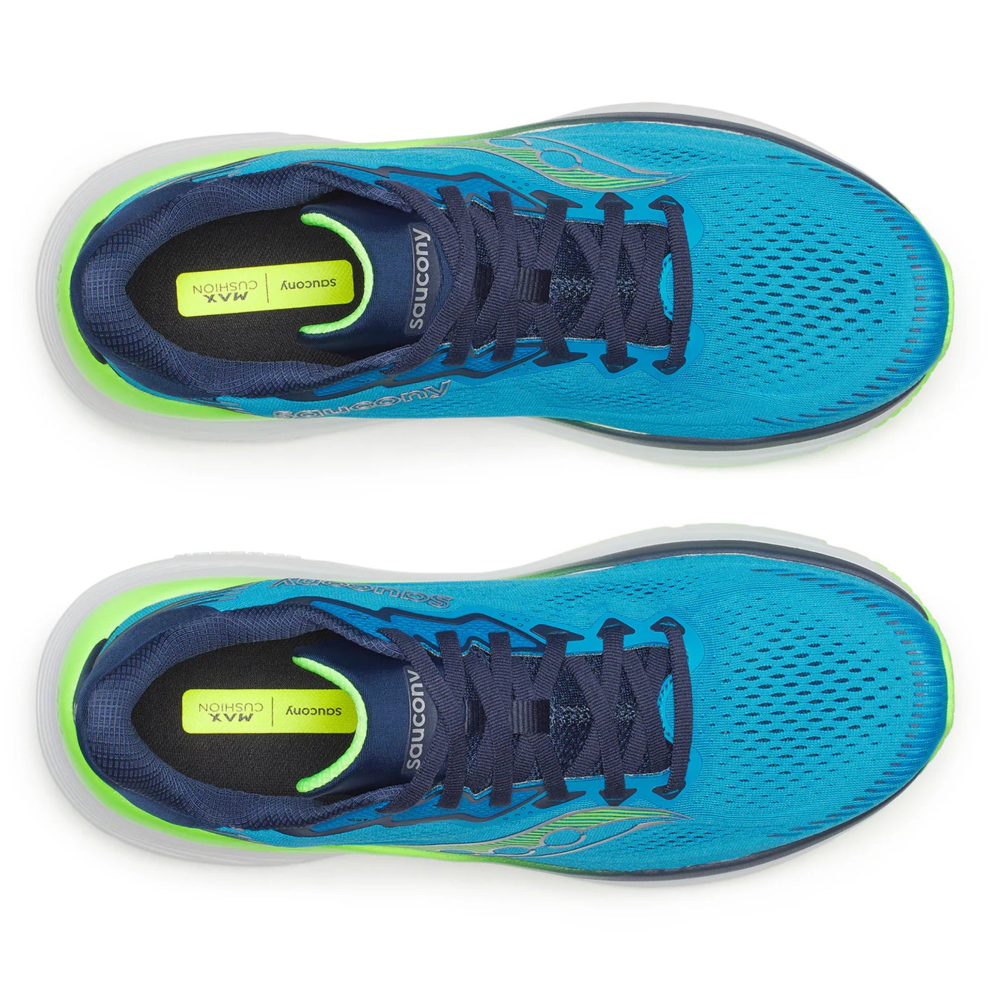Pair of blue and green Saucony running shoes with green accents on a white background