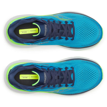 Pair of blue and green Saucony running shoes with green accents on a white background