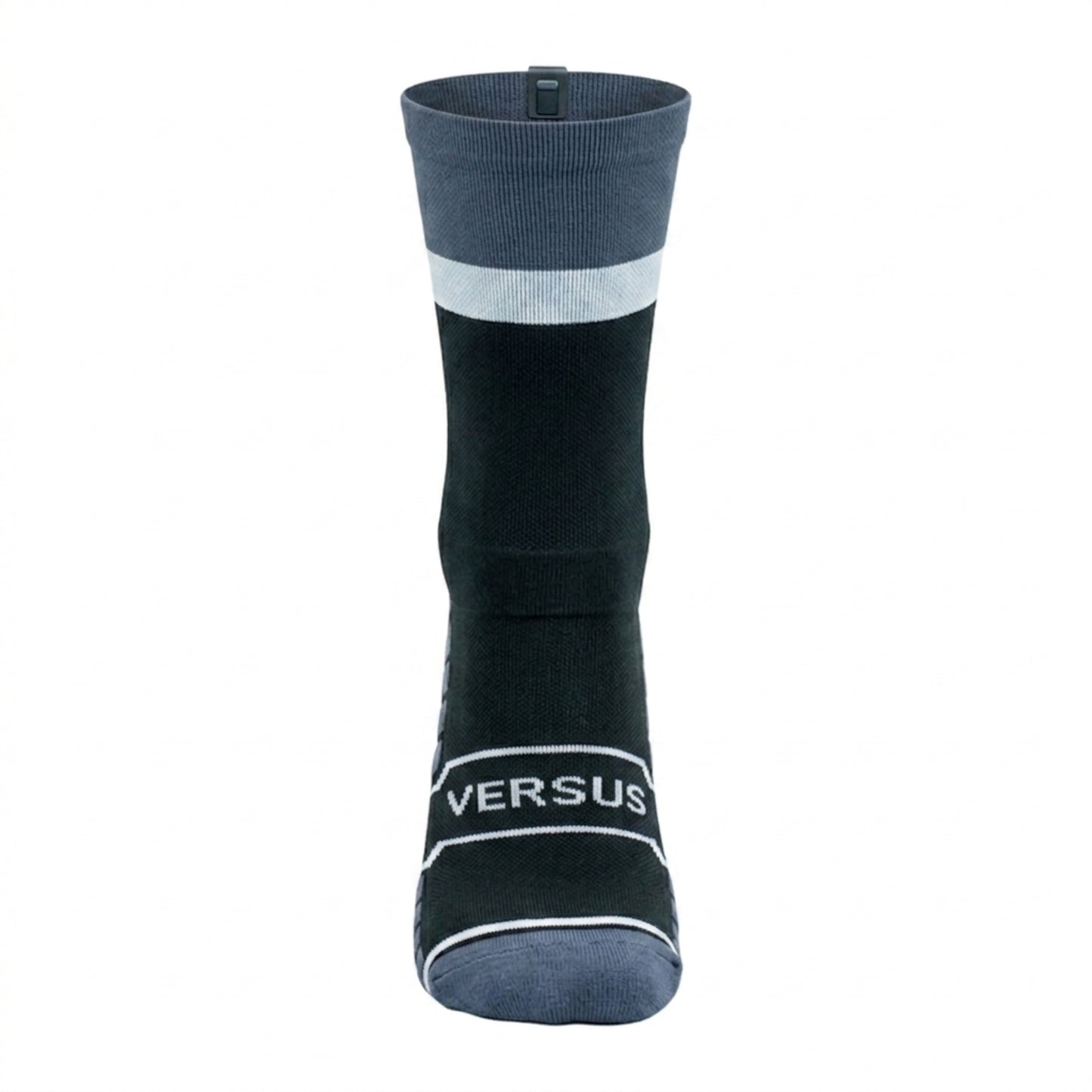 Black and gray sock with white stripe on a white background