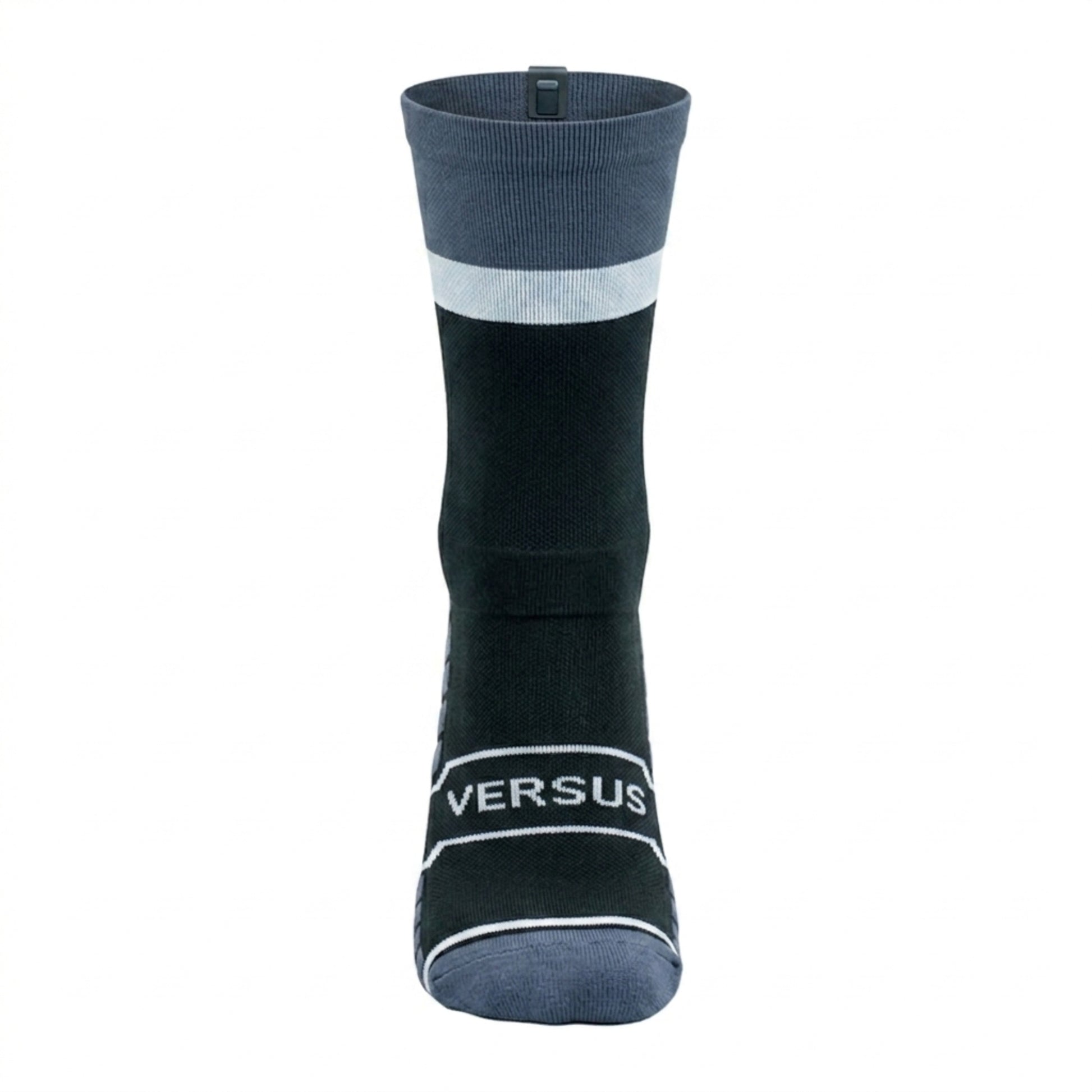 Black and gray sock with white stripe on a white background