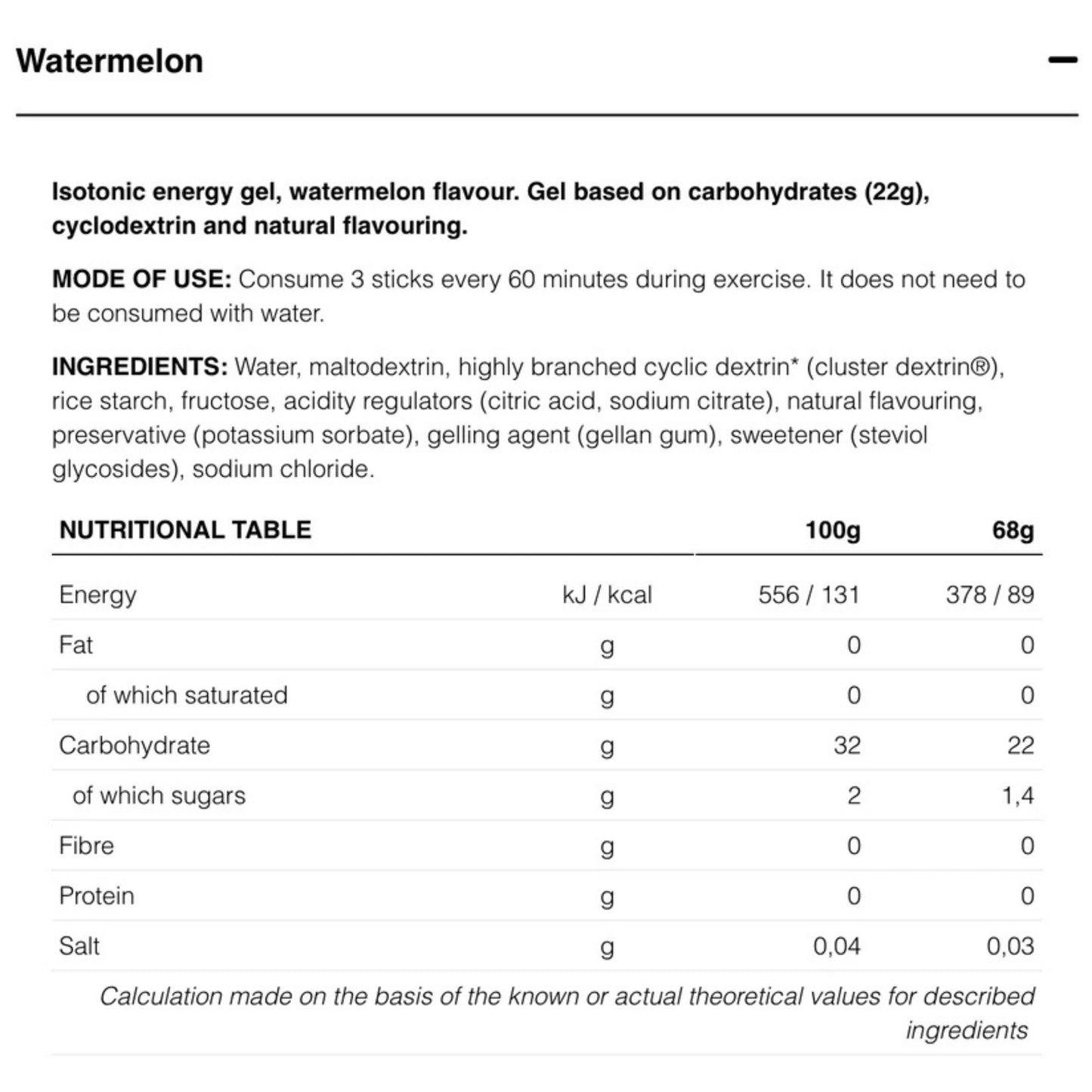 Nutritional information and ingredients of a watermelon isotonic energy gel on a white background