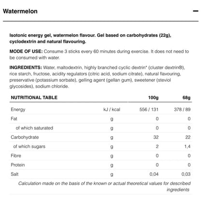 Nutritional information and ingredients of a watermelon isotonic energy gel on a white background